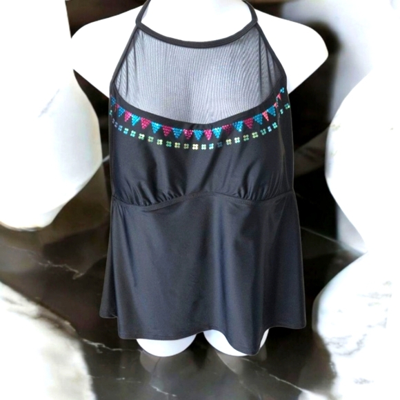 HEART & HARMONEY Plus Size Multi- Color Sequins Tie Neck Mesh Swimsuit Top 3X - Picture 1 of 14